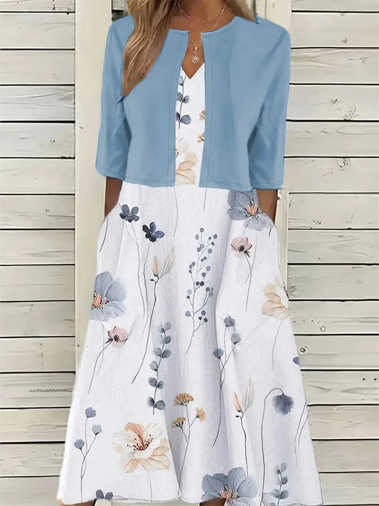 Camélia – Ensemble Deux Pièces Élégant  Gilet Uni et Robe à Fleurs avec Encolure Ronde