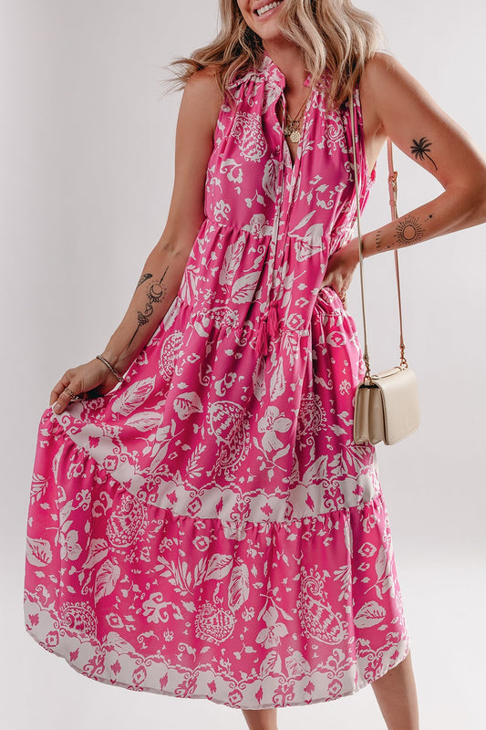 Esme - Robe Midi Sans Manches Rose à Imprimé Organique Tunique Large avec Boutons et Décolleté en V