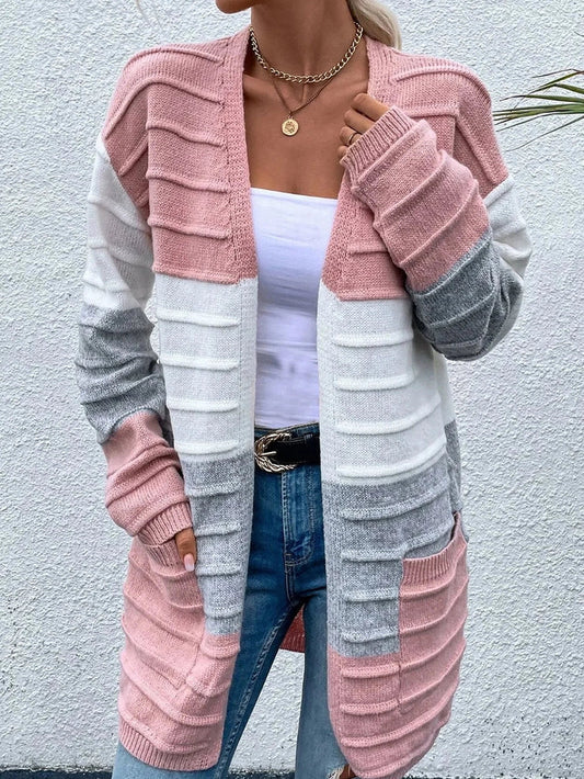 Bosley - Veste Ouverte en Maille avec bBlocs de Couleur Rose