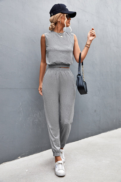 Louna - Ensemble Classique Deux Pièces composé d'un Top à Col Haut Sans Manches et d'un Pantalon Confortable à Taille Élastique Haute