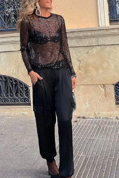 Domenica - Blouse droite à manches longues ornée de paillettes brillantes