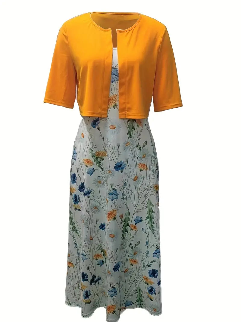 Camélia – Ensemble Deux Pièces Élégant  Gilet Uni et Robe à Fleurs avec Encolure Ronde