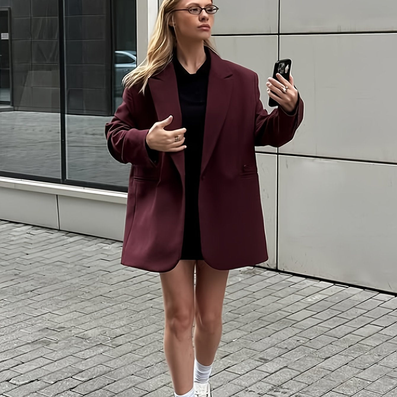 Iréva - Blazer Oversize Classique Bordeaux pour Femme – Veste de Mi-Saison