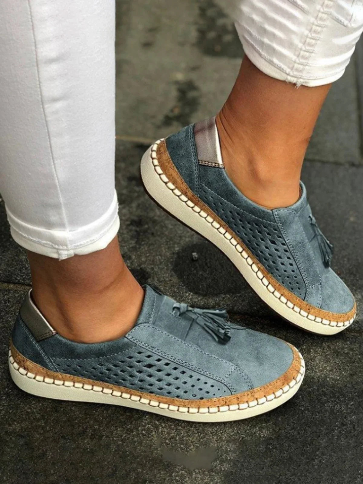 Mia - Baskets Orthopédiques avec Support Supplémentaire pour les Promenades d'Été en Cuir Végan Respirant et Suède avec Franges