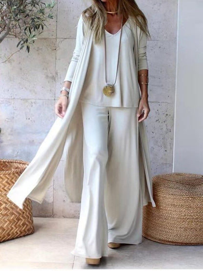 Amelia - Ensemble Estival Trois Pièces en Couleur Unie avec Débardeur à Col en V Long Gilet et Pantalon Large