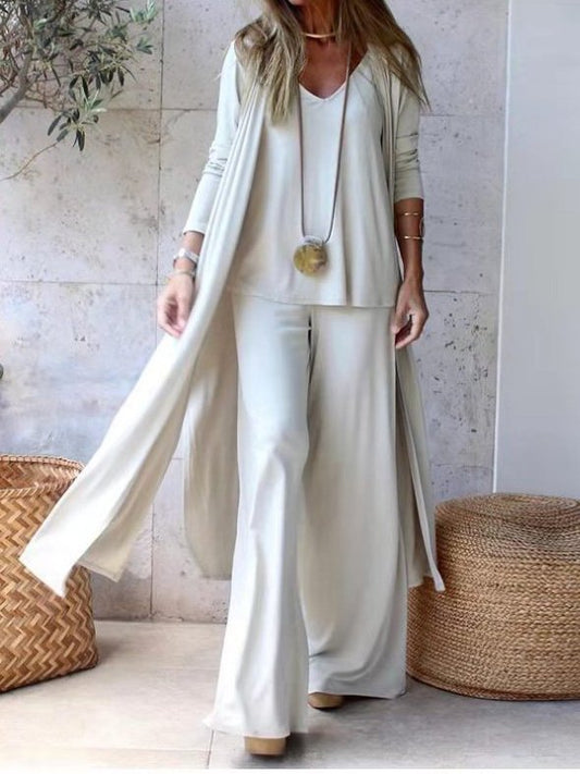 Amelia - Ensemble Estival Trois Pièces en Couleur Unie avec Débardeur à Col en V Long Gilet et Pantalon Large