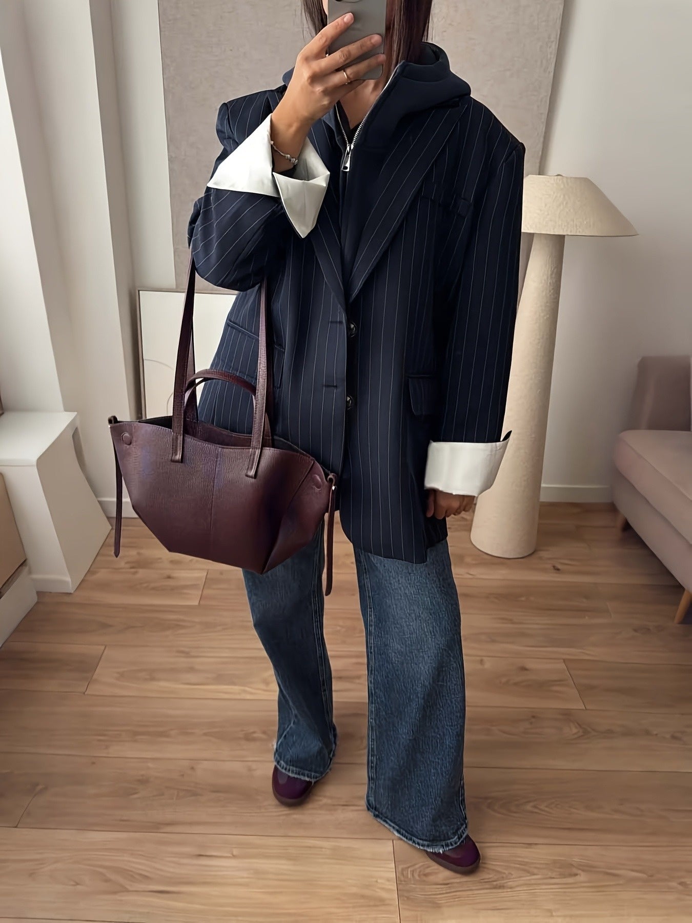 Alixane - Blazer Oversize Rayé Bleu Foncé pour Femme avec Boutons – Veste de Printemps