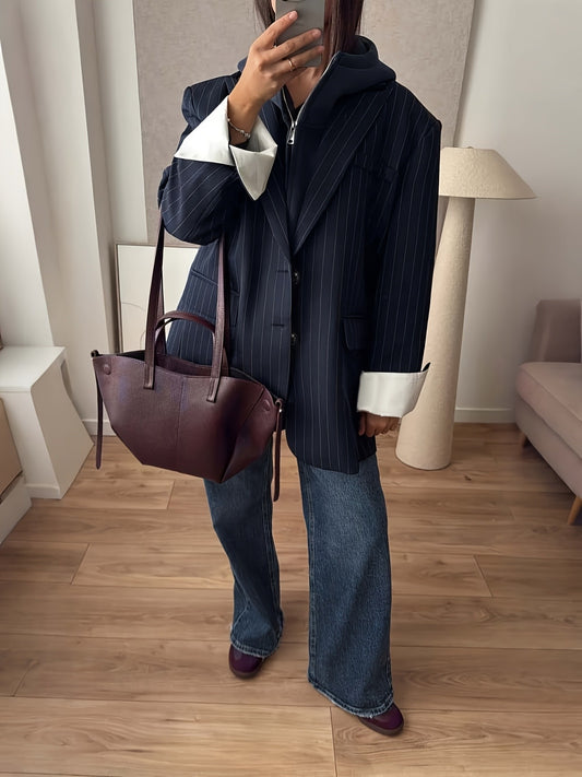 Alixane - Blazer Oversize Rayé Bleu Foncé pour Femme avec Boutons – Veste de Printemps