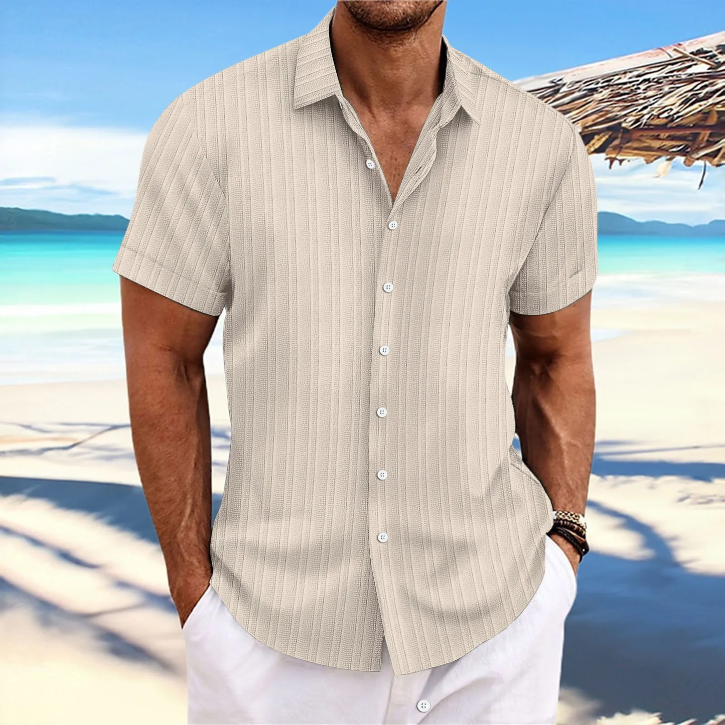 Tao  –  Chemise d’Été Homme à Manches Courtes Aspect Lin Léger Style Plage Casual en Couleurs Uni