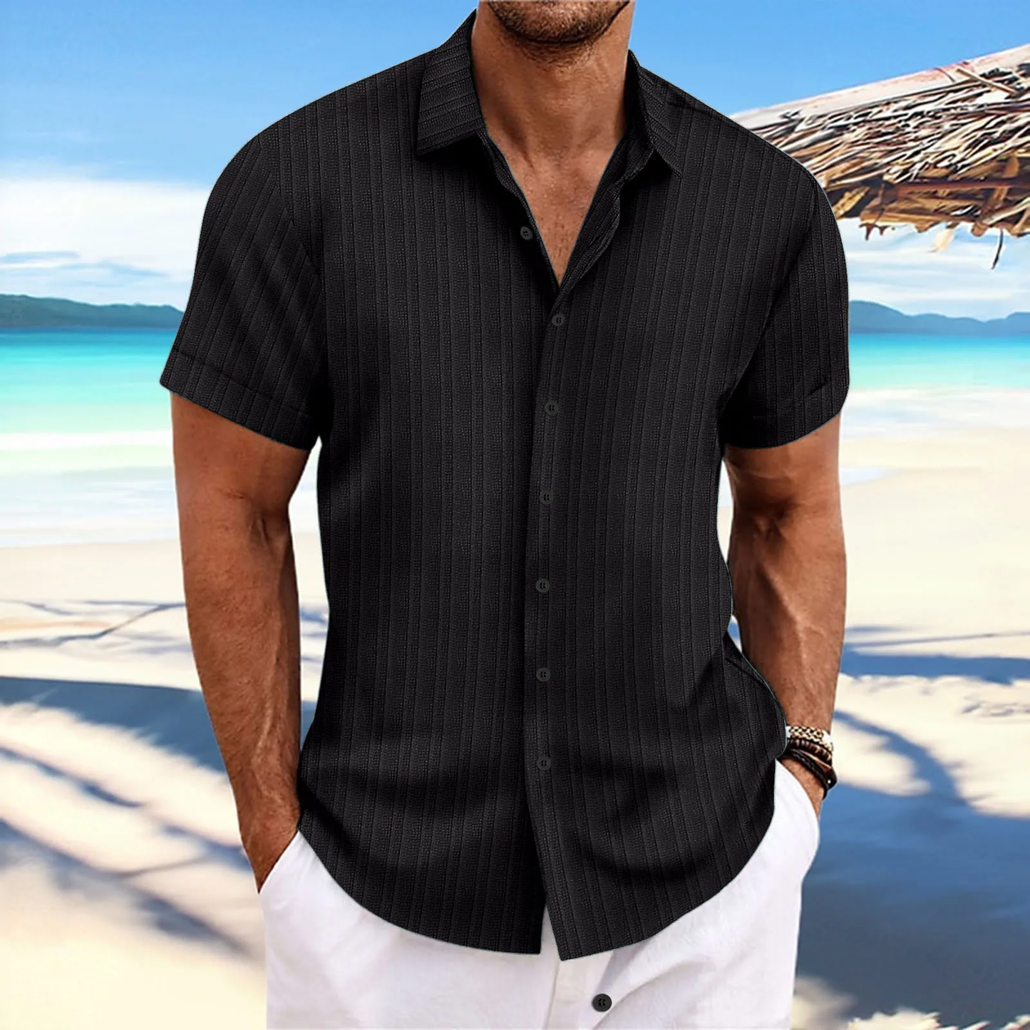 Tao  –  Chemise d’Été Homme à Manches Courtes Aspect Lin Léger Style Plage Casual en Couleurs Uni