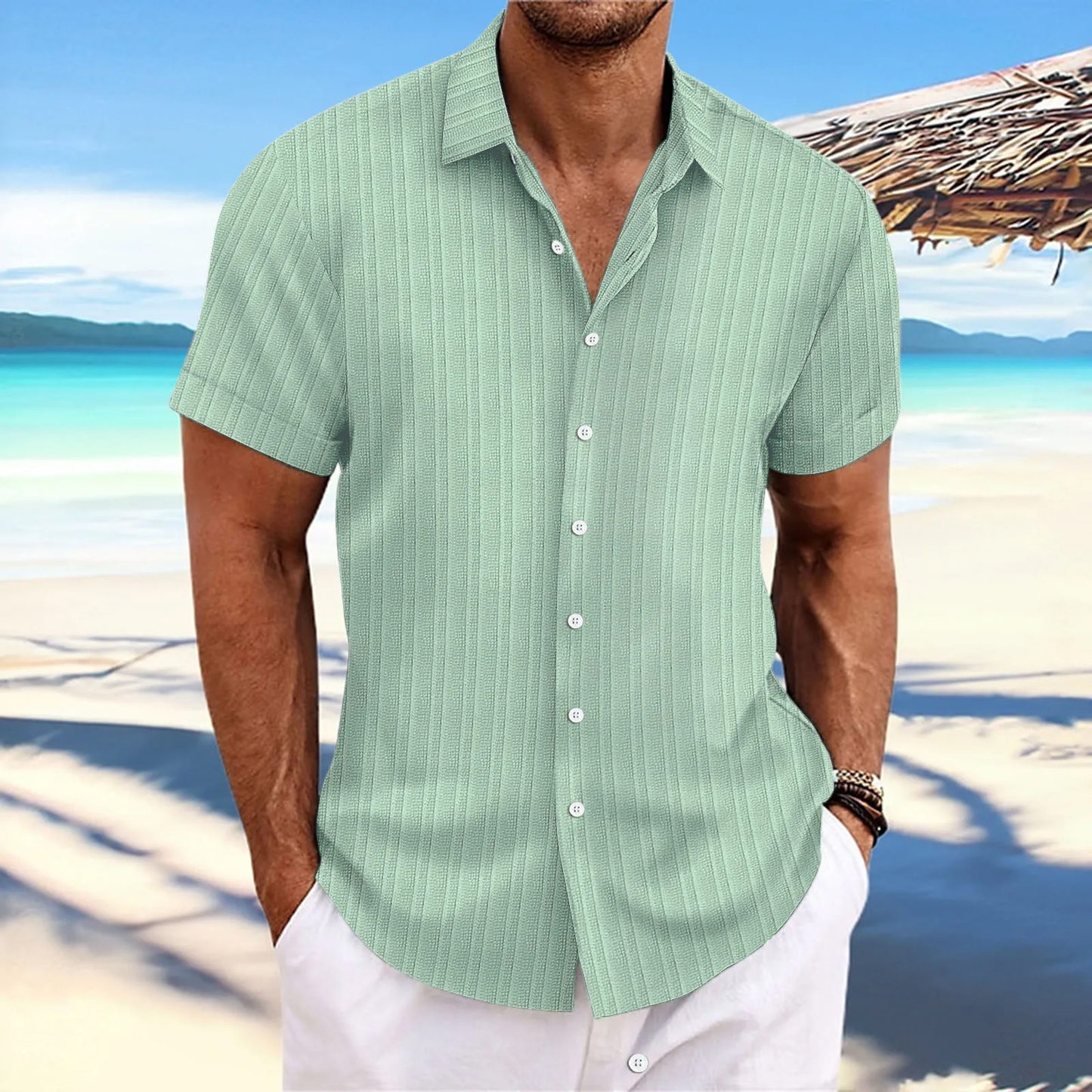 Tao  –  Chemise d’Été Homme à Manches Courtes Aspect Lin Léger Style Plage Casual en Couleurs Uni