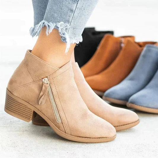 Éléonore - Bottines Printanières Basses en Daim Orthopédiques avec Fermeture Éclair et Petit Talon Pour Femme