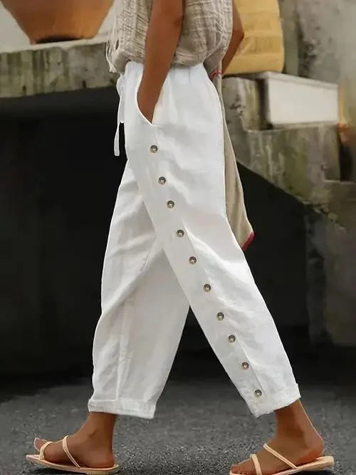 Maria - Pantalon d'Été Confortable en Lin Longueur Cheville avec Boutons sur les Côtés et Cordon de Serrage Ajustable