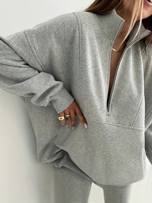 Léonie - Sweatshirt Sportif Confortable Oversized Gris Clair avec Col Haut et Fermeture Éclair pour Femmes