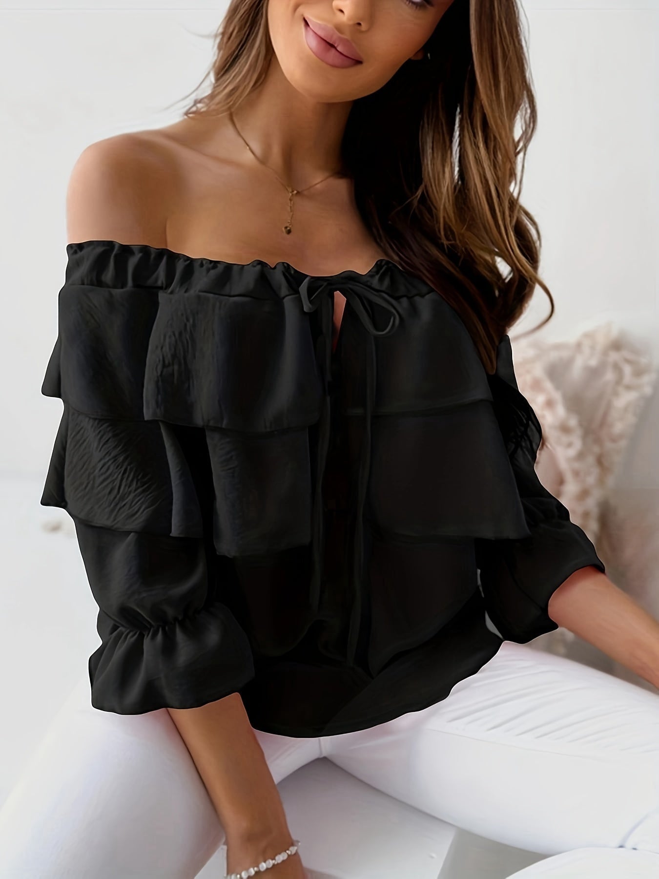 Solène - Top en Chiffon à Épaules Nues avec Manches Mi-Longues