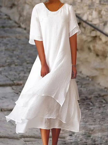 Salomé – Robe ample en coton et lin avec col rond volants et manches mi-longues
