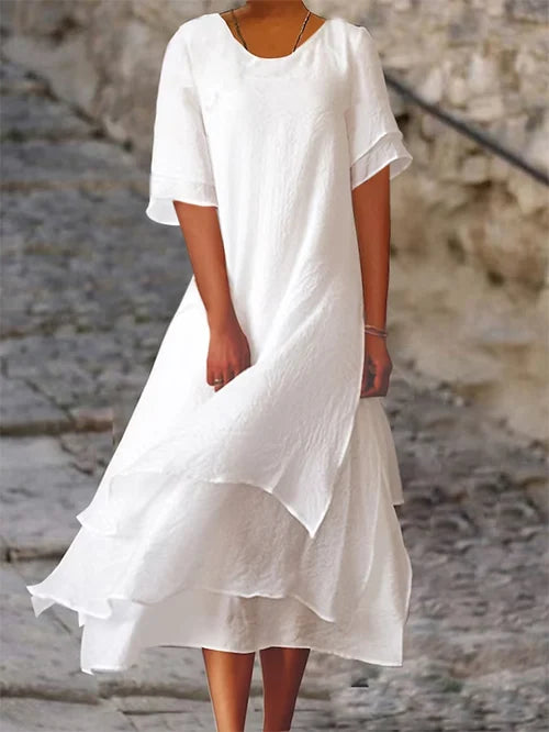 Salomé – Robe ample en coton et lin avec col rond volants et manches mi-longues