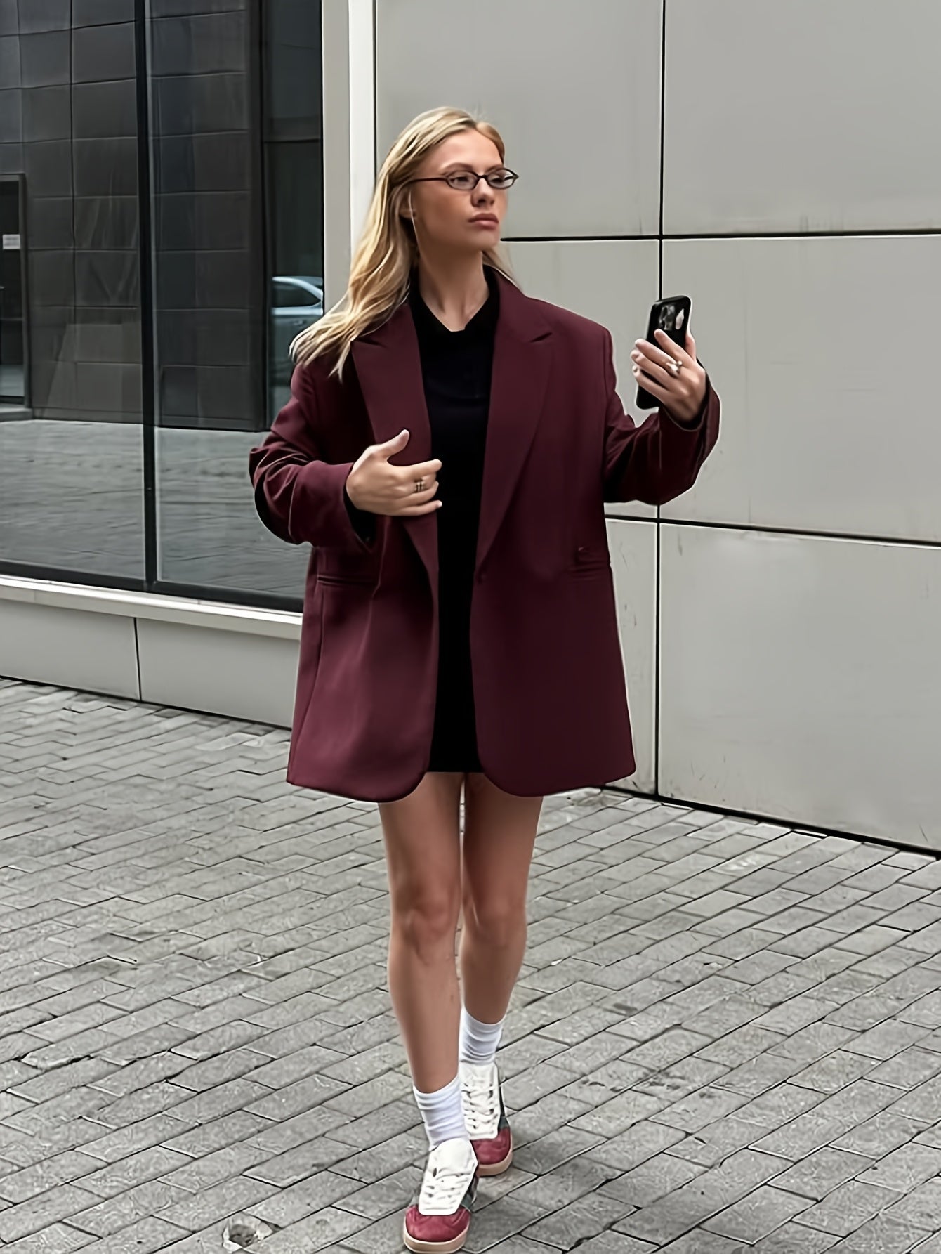 Iréva - Blazer Oversize Classique Bordeaux pour Femme – Veste de Mi-Saison