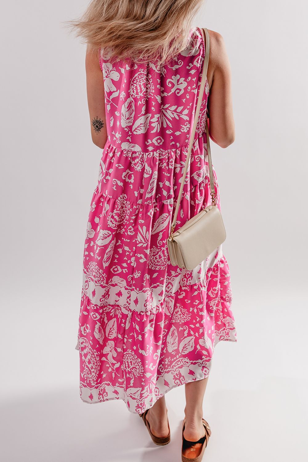 Esme - Robe Midi Sans Manches Rose à Imprimé Organique Tunique Large avec Boutons et Décolleté en V