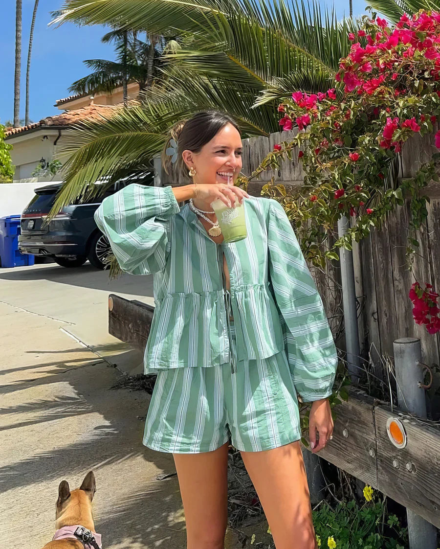 Mendy - Ensemble top à peplum rayé et short
