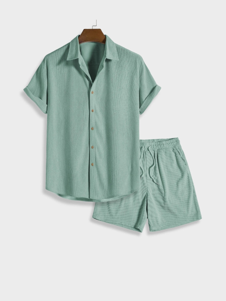 Henry - Ensemble d'Été en Lin pour les Vacances Chemise à Manches Courtes à Boutons et Short Élastique pour Homme