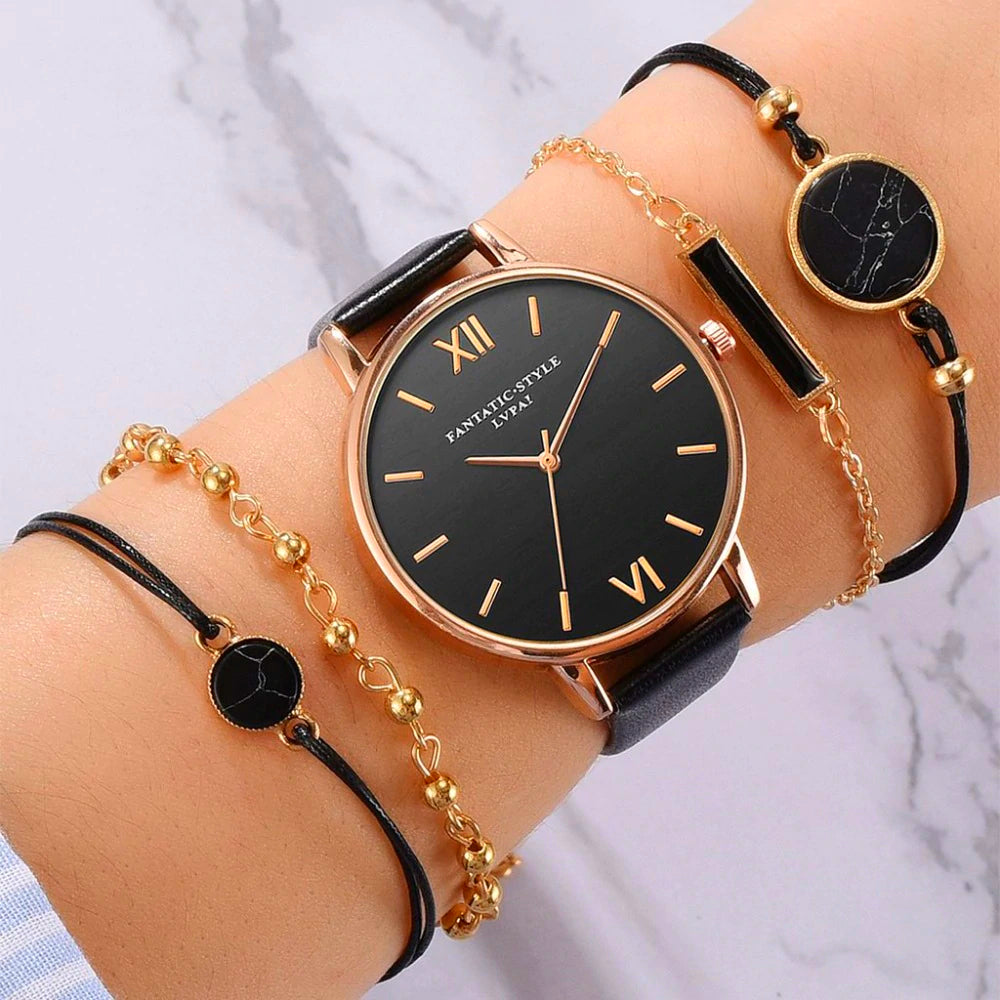 Montre analogique à quartz avec 4 bracelets assortis pour un look féminin élégant