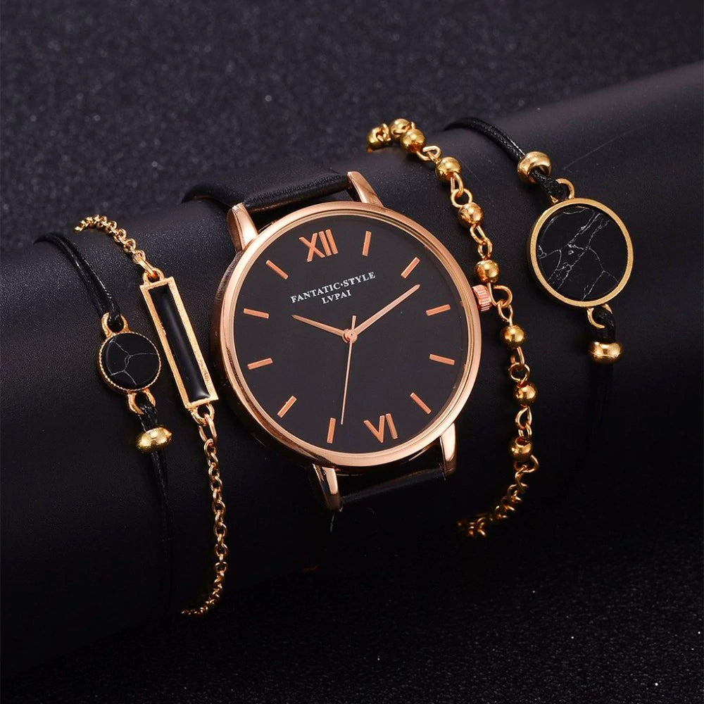 Montre analogique à quartz avec 4 bracelets assortis pour un look féminin élégant