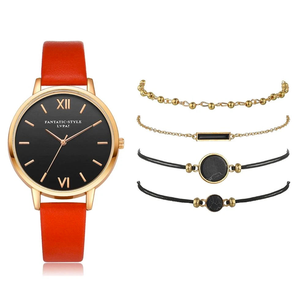 Montre analogique à quartz avec 4 bracelets assortis pour un look féminin élégant