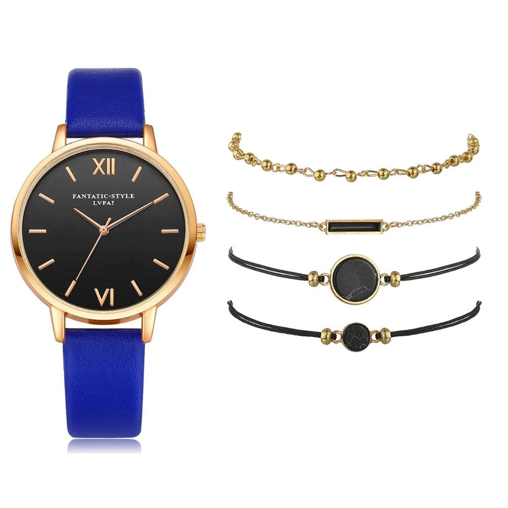 Montre analogique à quartz avec 4 bracelets assortis pour un look féminin élégant