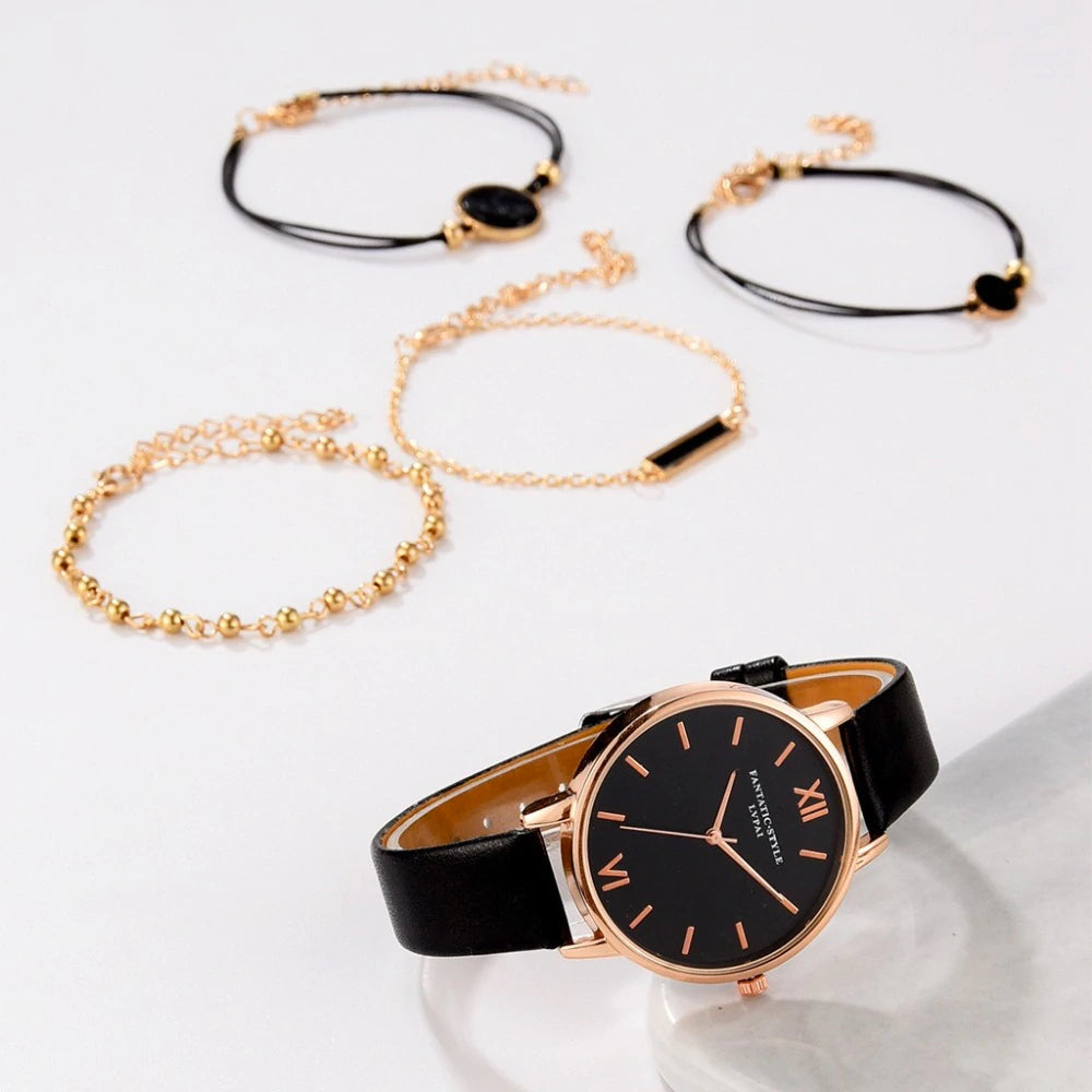 Montre analogique à quartz avec 4 bracelets assortis pour un look féminin élégant