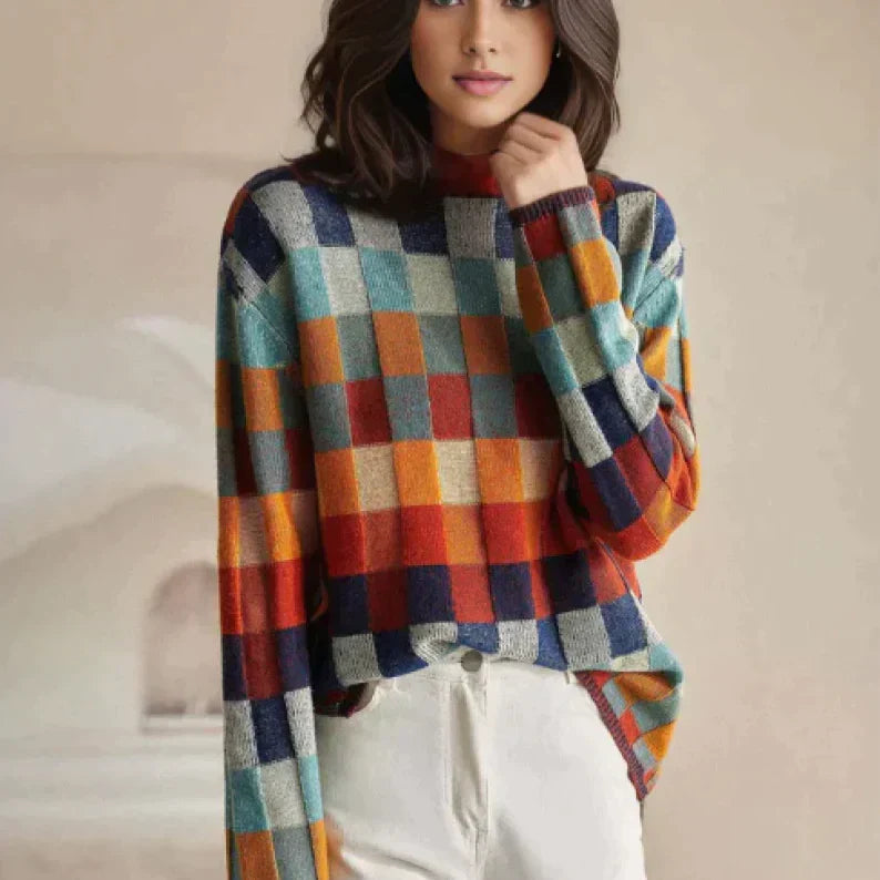 Anna - Pull col Roulé en Cachemire Couture Patchwork