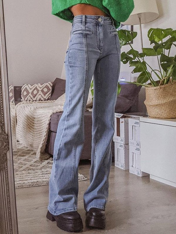 Moréa - Jean Évasé Stretch Taille Haute pour Femme avec Patchwork de Deux Étoiles au Dos