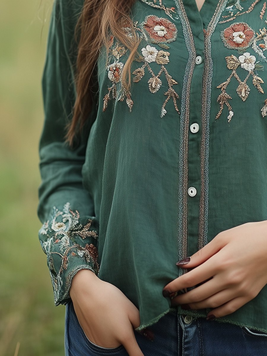Soline - Chemise avec Broderie de Fleurs Vertes