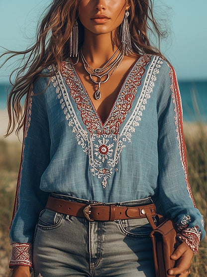 Zoë - Blouse boho brodée à col en V avec délicats détails