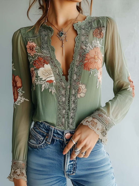 Féliciane - Blouse Romantique Bohème Chic à Fleurs Vert Minéral avec Détails en Dentelle pour Femmes