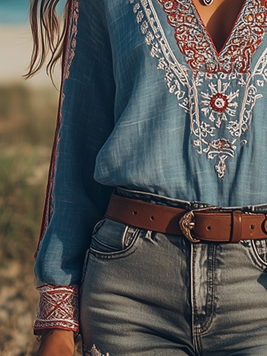 Zoë - Blouse boho brodée à col en V avec délicats détails