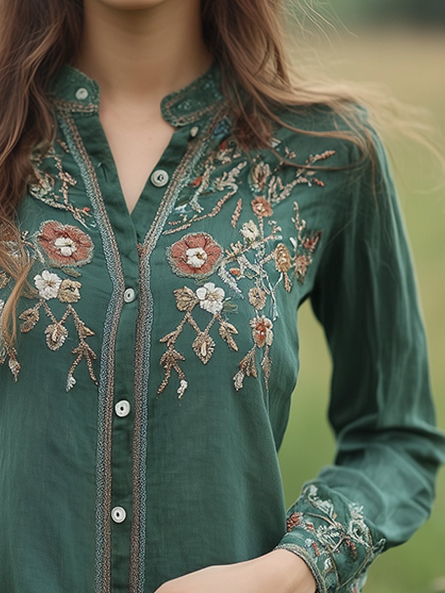 Soline - Chemise avec Broderie de Fleurs Vertes