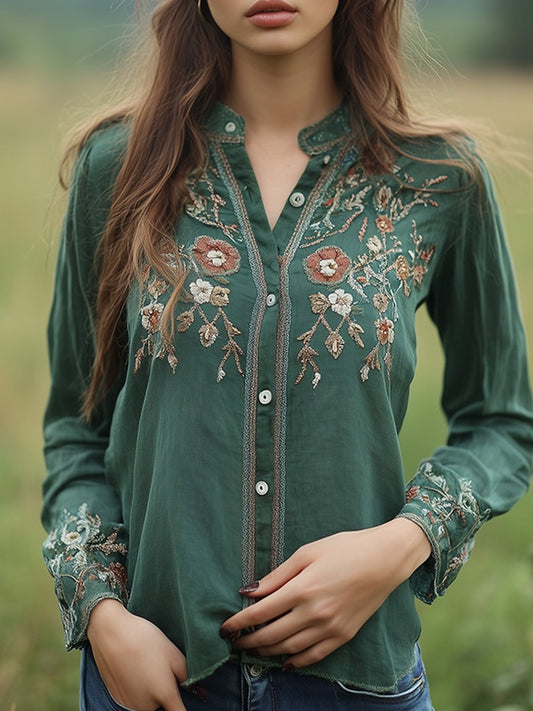 Soline - Chemise avec Broderie de Fleurs Vertes