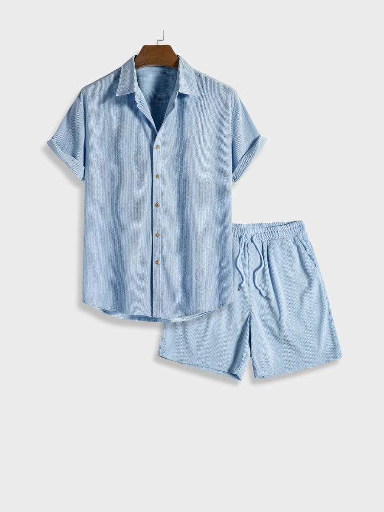 Henry - Ensemble d'Été en Lin pour les Vacances Chemise à Manches Courtes à Boutons et Short Élastique pour Homme