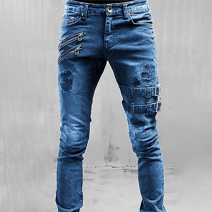 LuxeLine - Jean en denim avec boucles et fermetures éclair pour hommes