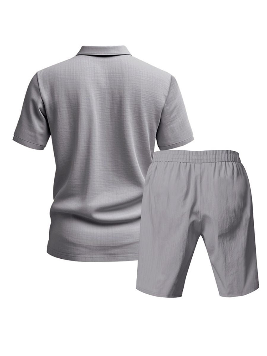 Saint - Ensemble d'Été en Lin Deux Pièces  Polo à Manches Courtes avec Boutons et Short à Taille Élastique