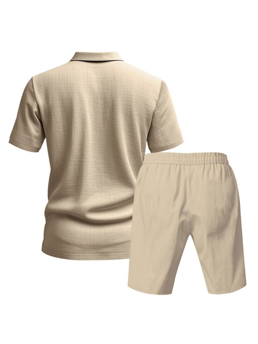 Saint - Ensemble d'Été en Lin Deux Pièces  Polo à Manches Courtes avec Boutons et Short à Taille Élastique