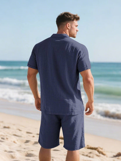 Saint - Ensemble d'Été en Lin Deux Pièces  Polo à Manches Courtes avec Boutons et Short à Taille Élastique