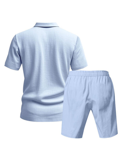 Saint - Ensemble d'Été en Lin Deux Pièces  Polo à Manches Courtes avec Boutons et Short à Taille Élastique