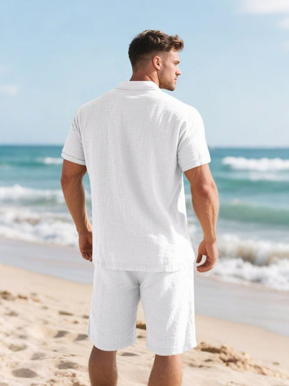 Saint - Ensemble d'Été en Lin Deux Pièces  Polo à Manches Courtes avec Boutons et Short à Taille Élastique