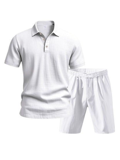 Saint - Ensemble d'Été en Lin Deux Pièces  Polo à Manches Courtes avec Boutons et Short à Taille Élastique
