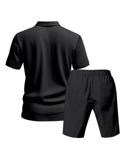 Saint - Ensemble d'Été en Lin Deux Pièces  Polo à Manches Courtes avec Boutons et Short à Taille Élastique