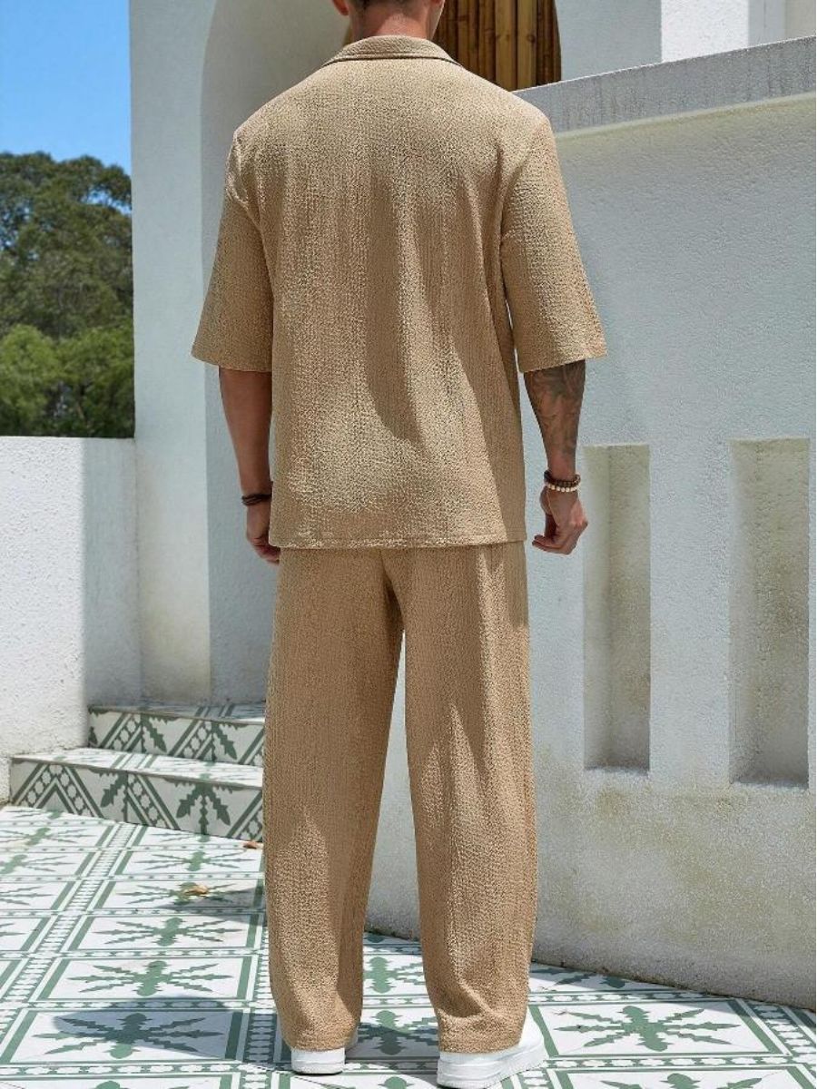 Alex - Ensemble d'Été Texturé à Deux Pièces pour Hommes avec T-shirt à Col V et Manches Mi Longues et Pantalon Large