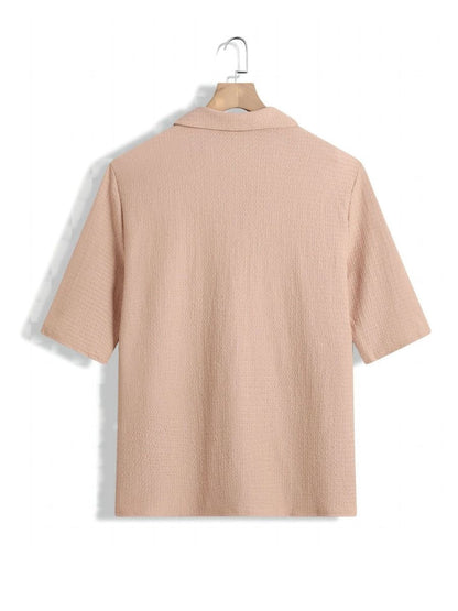 Alex - Ensemble d'Été Texturé à Deux Pièces pour Hommes avec T-shirt à Col V et Manches Mi Longues et Pantalon Large
