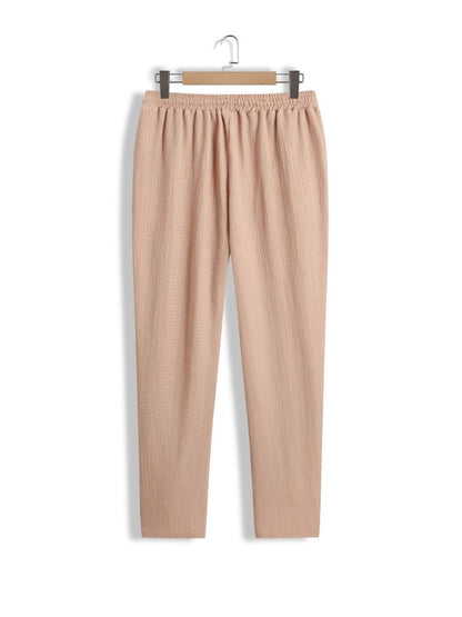 Alex - Ensemble d'Été Texturé à Deux Pièces pour Hommes avec T-shirt à Col V et Manches Mi Longues et Pantalon Large